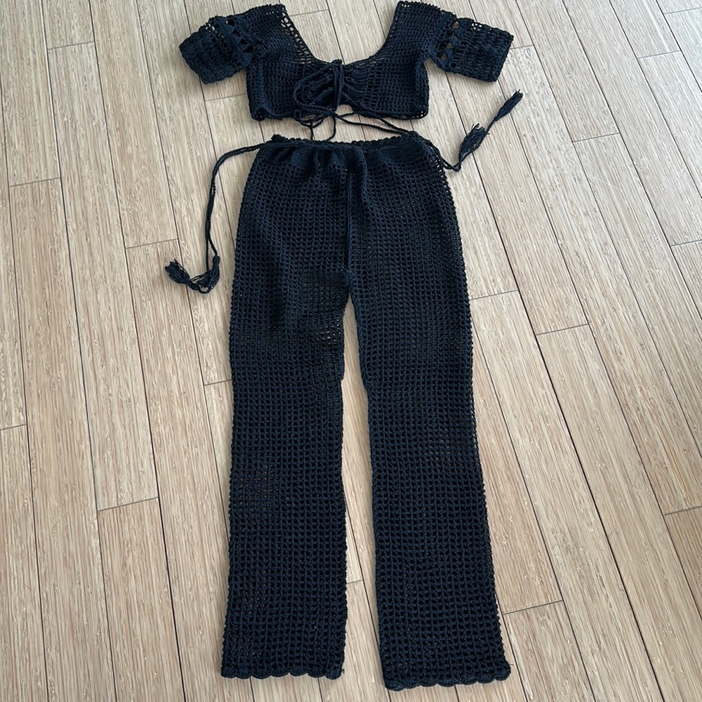 Black Crochet Two-Piece Swim Coverup Set